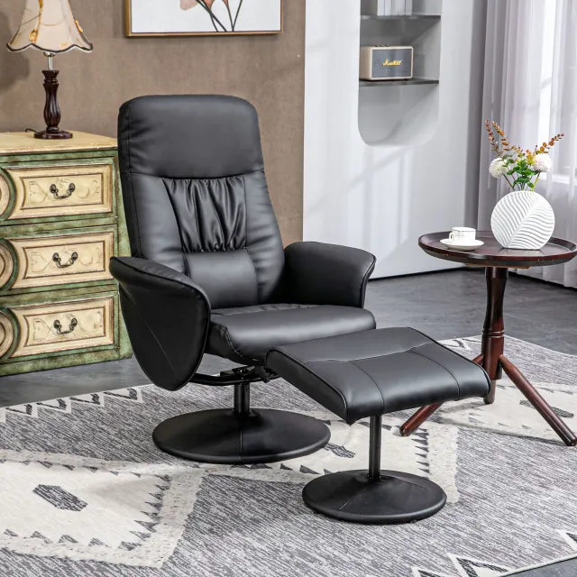 HAUSS SPOLE Relaxfauteuil met Hocker - Draaibare Ligstoel met Verstelbare Rugleuning tot 145 Graden - voor Woonkamer en Kantoor - Kunstleer en Metaal - Zwart