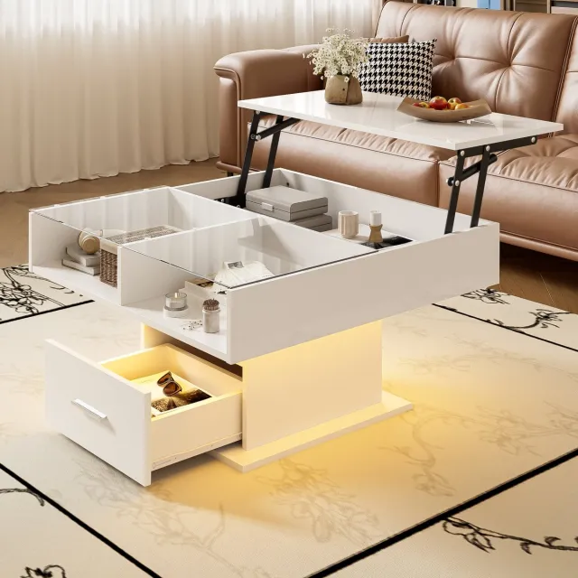 MIVRAY Salontafel - Hoogglans Hefblad Met LED En Opbergruimte - Wit