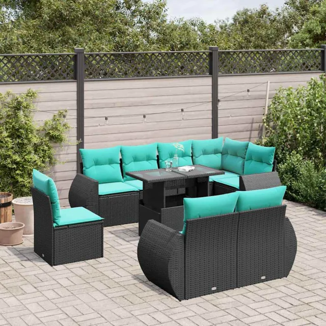 vidaXL 9-delige tuinbankset met kussens van zwart polyrotan, foto 2