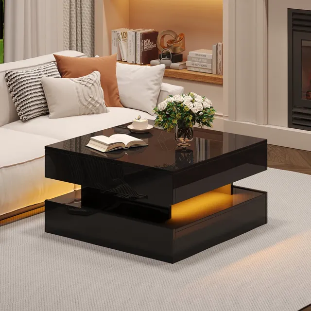 Pugsdrly Opklapbare salontafel 65 x 65 x 38,5 cm, bijzettafel, glanzende salontafel met led-lichtstrip, banktafel met 2 lades, salontafel met geometrisch ontwerp en verborgen opbergruimte, zwart