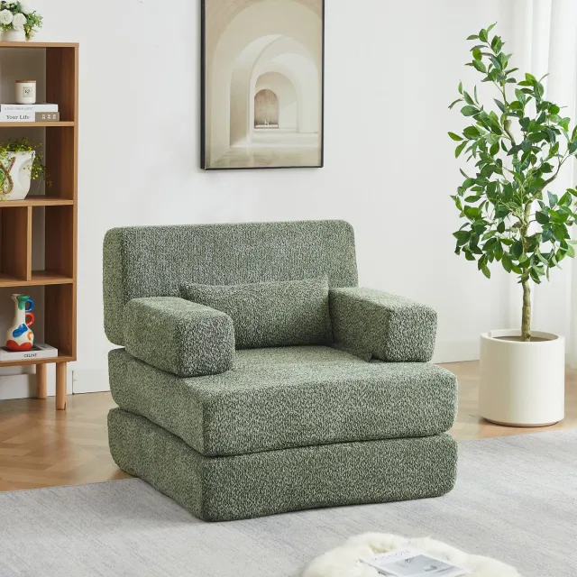 FloraGrace Slaapbank 90 x 90 x 80 cm - Modulaire 1-Zits met Logeerbed - Uitklapbaar Zonder Gereedschap - Woonkamer - Chenille - Groen