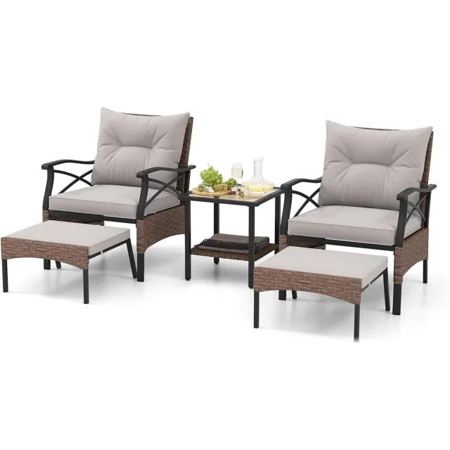 Costway 5-delige rotan tuinmeubelset, 2-traps bijzettafel, 2 stoelen met kruk, terrasmeubels, balkonmeubels 2 personen, tuingarnituur incl. zitkussens en rugkussens Geelbruin