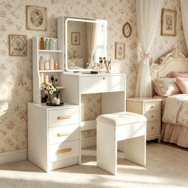 ROSAHQNDA Kaptafel 84,8x36x130 cm met verlichte spiegel, 4 lades en kruk, make-uptafel voor slaapkamer, moderne kaptafel, wit