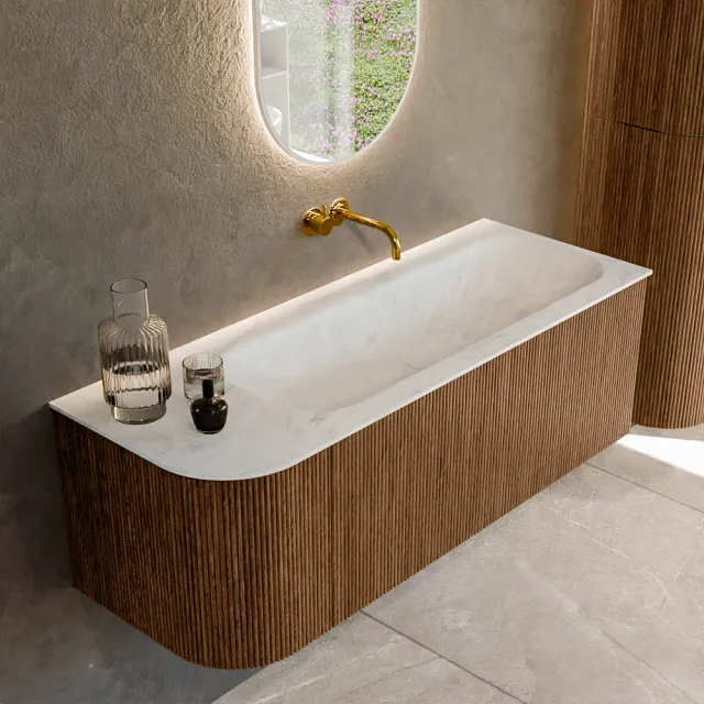 Mondiaz KURVE-DLUX 125 cm Onderkast Greeploos 1 Lade Met Deuren Walnut, Wastafel Solid Surface Rechts Opalo 0 Kraangaten Zonder Spiegel (KRVBGM125L1L1D0KR-Wal/Opa)