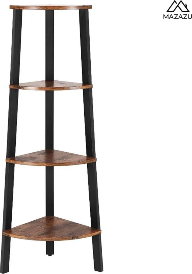 MIRA home Boekenkast Hoek - Hoekplank met 4 Lagen - Industrieel - Zwart/Bruin - 34 x 34 x 125 cm