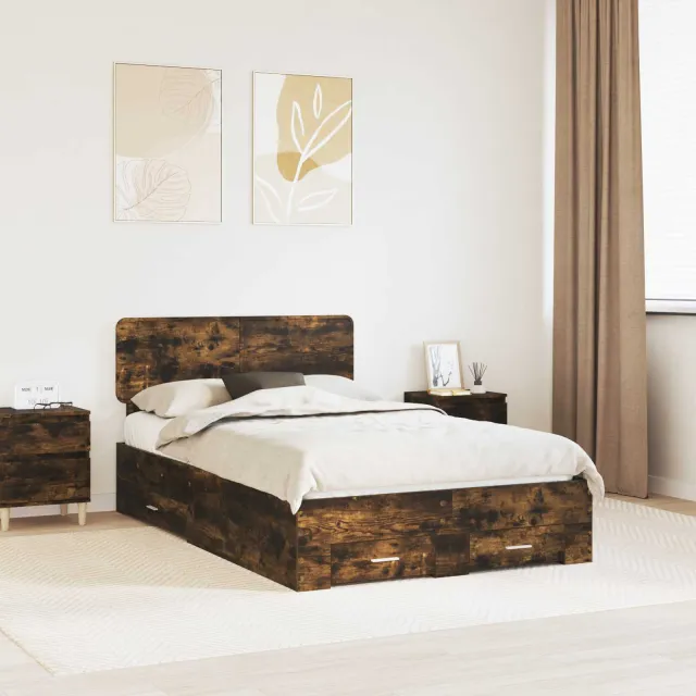 vidaXL Bedframe met lade Gerookt eiken 135 x 190 cm Bewerkt hout Bruin