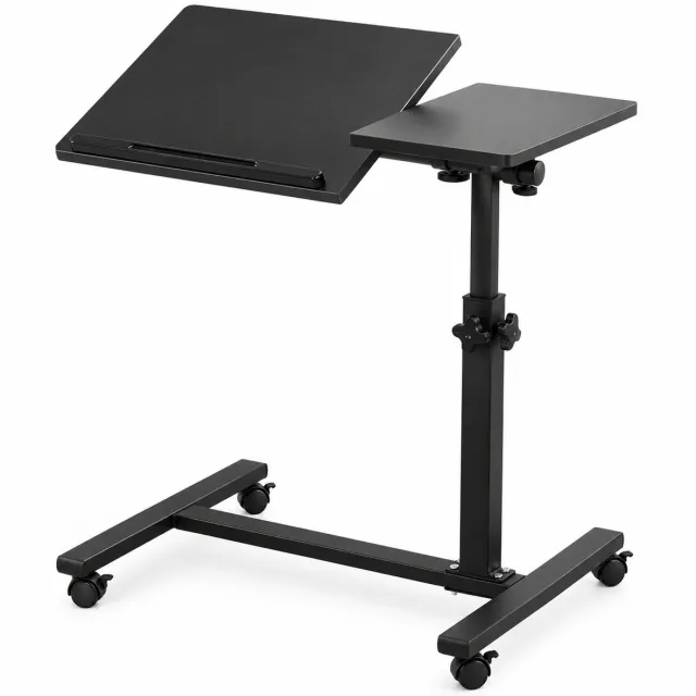 Flokoo Laptoptafel Verrijdbaar – In Hoogte Verstelbare Laptopstandaard – Kantelbaar Werkblad met Zijtafel – Mobiele Bedtafel op Wielen – 57 cm – Zwart