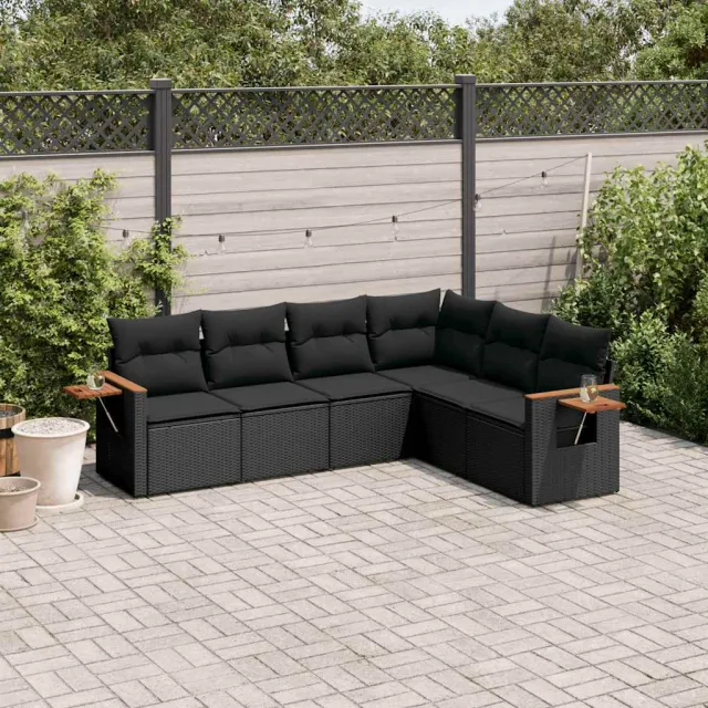 vidaXL 6-delige Loungeset met kussens poly rattan zwart, foto 2
