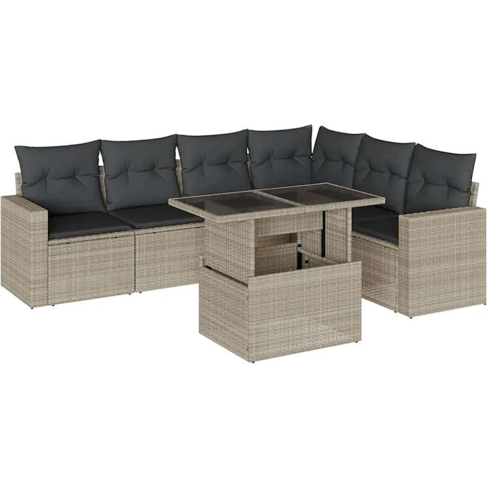 vidaXL 7-delige Loungeset met kussens poly rattan lichtgrijs grijs
