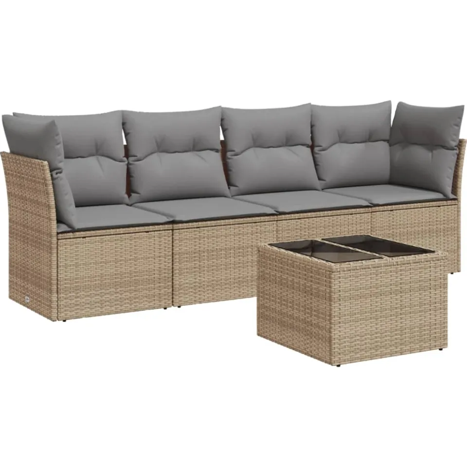 vidaXL 5-delige Loungeset met kussens poly rattan beige