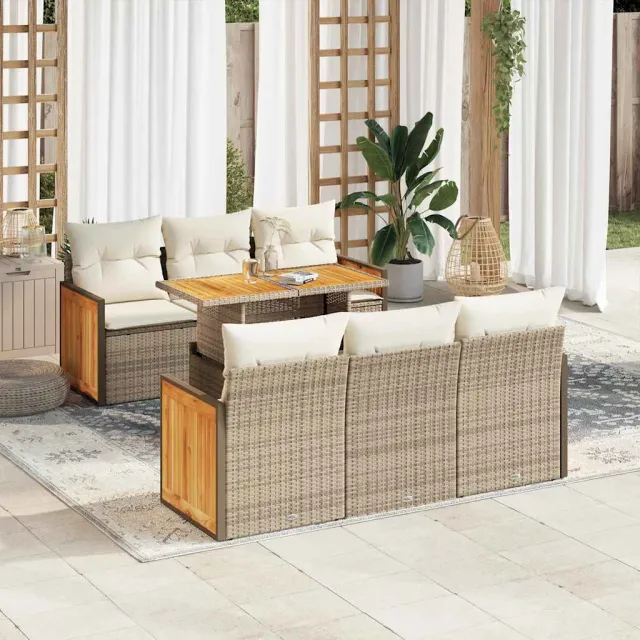 vidaXL 7-delige Loungeset met kussens poly rattan acacia beige, foto 2