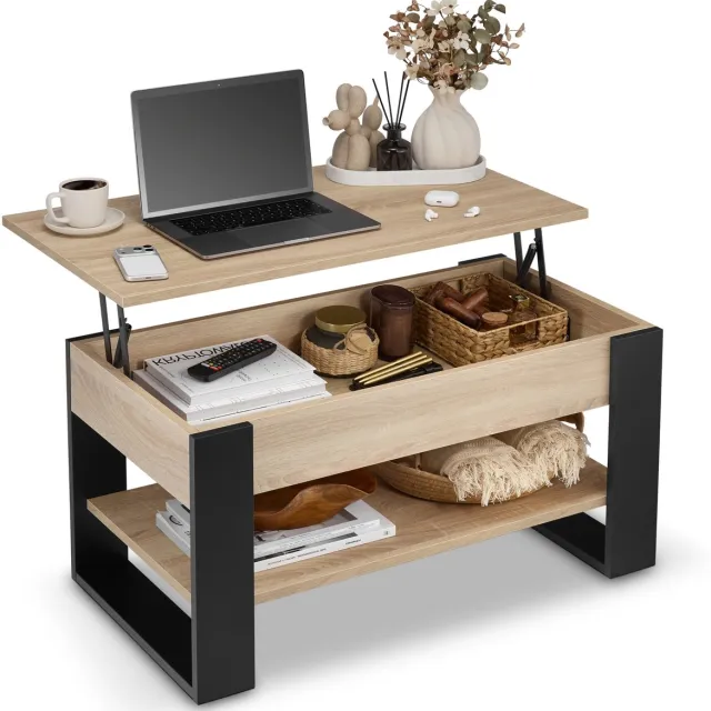 defiPad Salontafel met opklapbaar blad, plank en opbergruimte - Industrieel, Lofotisch - Zwart + Sonoma Eiken