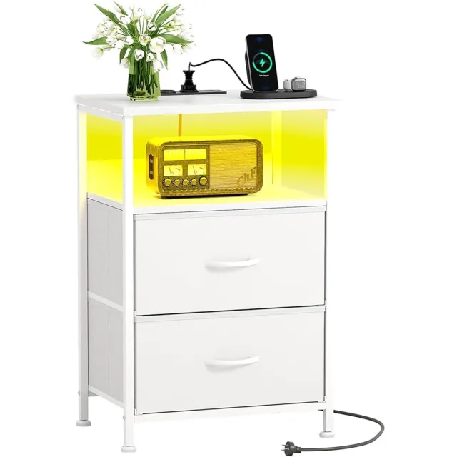 Thuys Nachtkastje set van 2 met LED & Oplaadfunctie – Bijzettafel met Lade – 2 Stopcontacten & 2 USB-C Poorten – Modern Nachtkastje voor Slaapkamer & Woonkamer – Wit