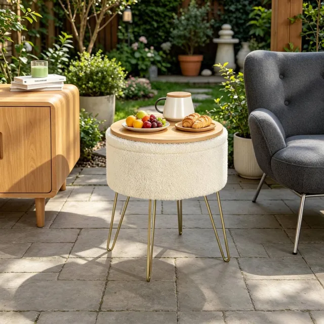 OKWISH Voetenbankje Opbergruimte – Rond 39 x 44 cm – Stof Metaal – Beige – Als Voetenbank, Poef Of Bijzettafel – Met Omkeerbaar Deksel
