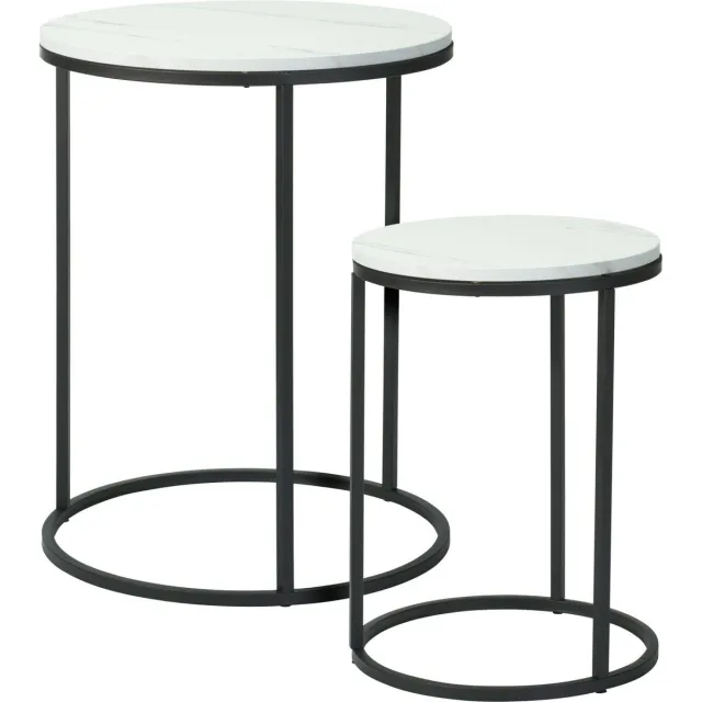 Home & Styling Bijzettafeltjes set 2x stuks Verona - zwart/wit - D40 x H50 cm/D30 x H40 cm - metaal/hout - plantenpot verhoger - koffie tafels