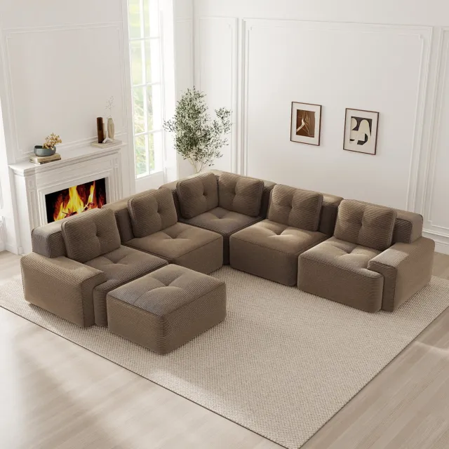 Wishdor Modulaire U-bank met ottomaan - Zacht 5-zits zitcomfort - Antislip basis en brede armleuningen - Modern minimalistisch - Woonkamer kantoor - Ribfluweel - Bruin - 295 x 295 x 69 cm