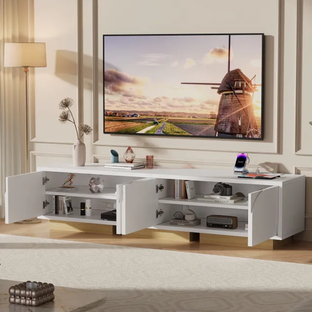 Yelenaro TV Meubel wit, Met oplaadpoorten, 4 Deuren, verstelbare planken, Voor Televisie Tot 80 Inch, 175x40x42cm, Tv-kast in Scandinavische stijl
