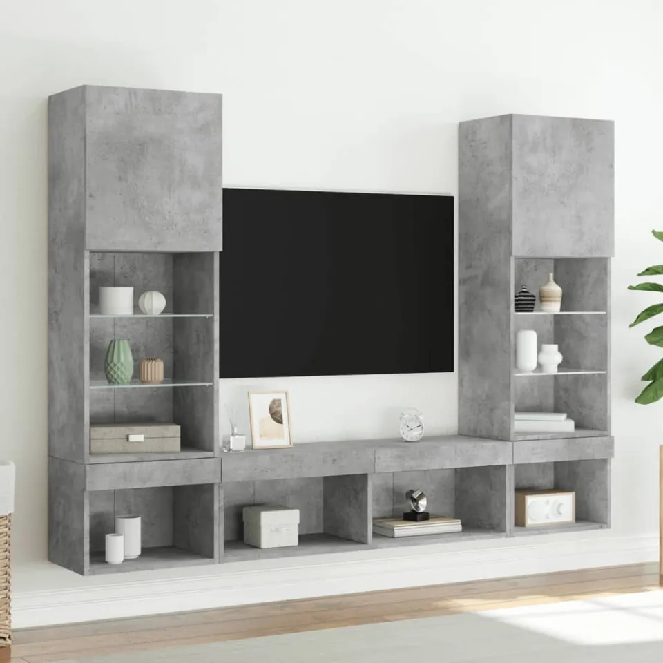 vidaXL 5-delige Tv-wandmeubelset met LED bewerkt hout betongrijs grijs, foto 2