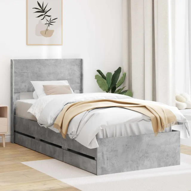 vidaXL Bedframe met opbergruimte en hoofdbord Betongrijs 90 x 200 cm