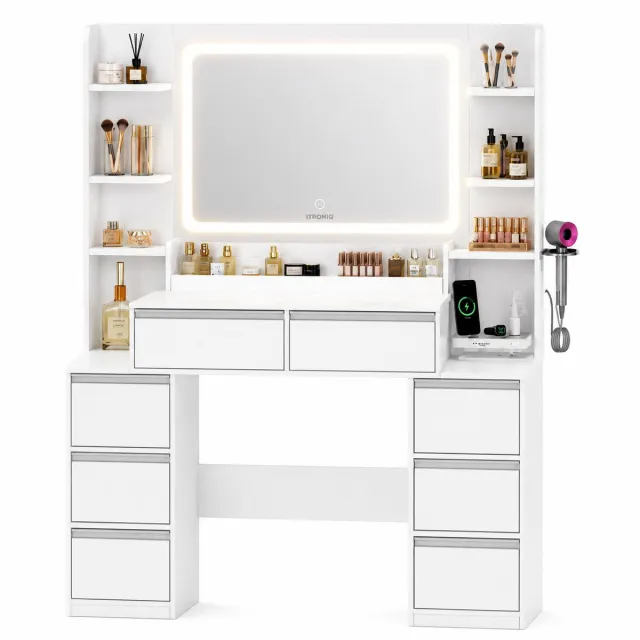ITRONIQ Make-Up Tafel Met Spiegel en Led Verlichting - 8 Lades - Kaptafel Met Licht - 40x135x145 CM - Modern Slaapkamer Wit