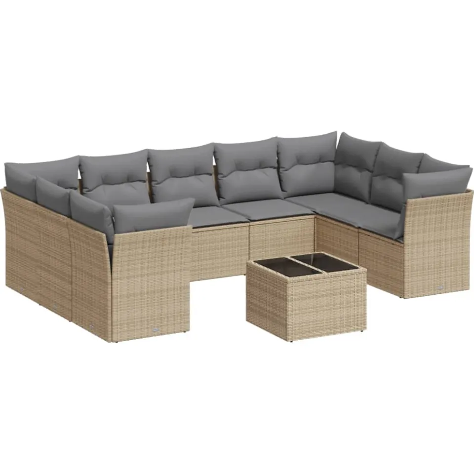 vidaXL 10-delige Loungeset met kussens poly rattan beige