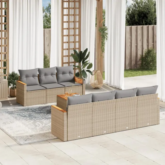 vidaXL 8-delige Loungeset met kussens poly rattan gemengd beige, foto 2