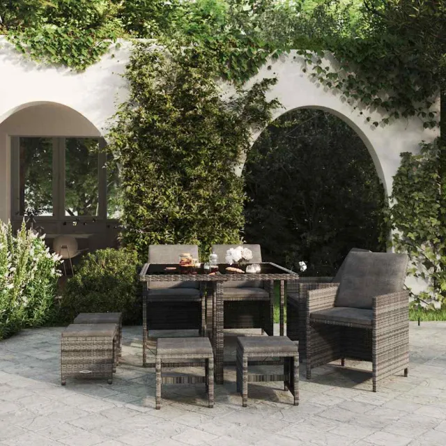 vidaXL 9-delige Tuinset met kussens poly rattan grijs, foto 2