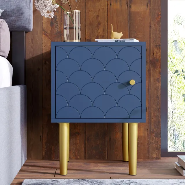 HAUSS SPOLE Nachtkastje 35x35x51 Cm Zonder Matras 2 Delig Met Visgraatdeur En Magnetische Sluiting Slanke Metalen Poten Voor Slaapkamer Marineblauw