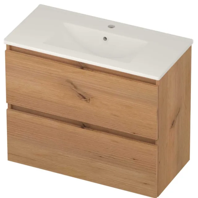 Basic-Line Score 39 Badmeubelset Porselein 1 Kraangat Greeploos 80x39x62 cm Whisky Oak Glans Wit