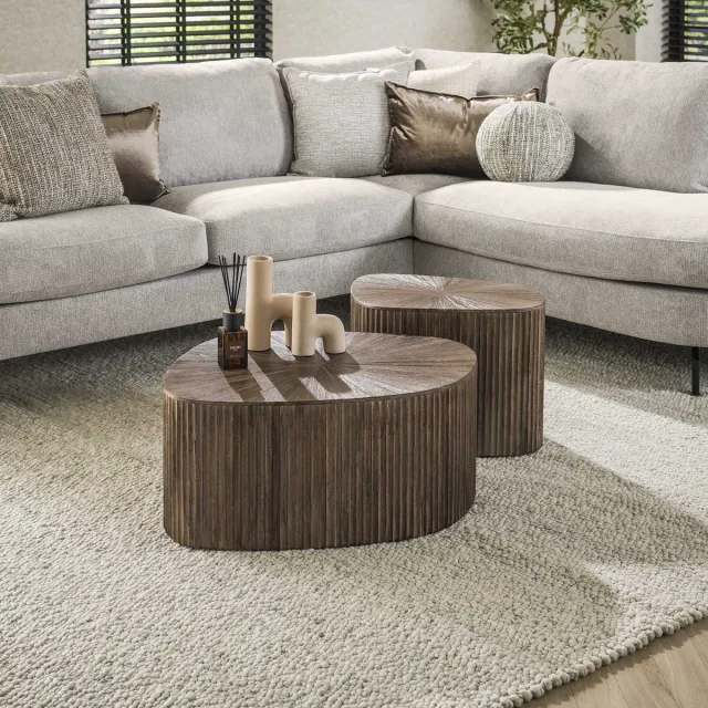 Dimehouse Salontafel set van 2 Myla Vierhoekig Teakhout Bruin - Japandi - 73 x 68 x 31 cm - Hout - Japandi - Ovaal Teak hout