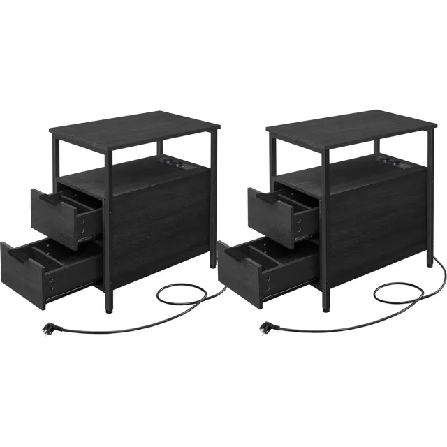 FurnStar Bijzettafel - set van 2 - nachtkastje met stekkerdoos - 2 laden - banktafel - nachtkastje voor woonkamer - slaapkamer - zwart + houtnerf