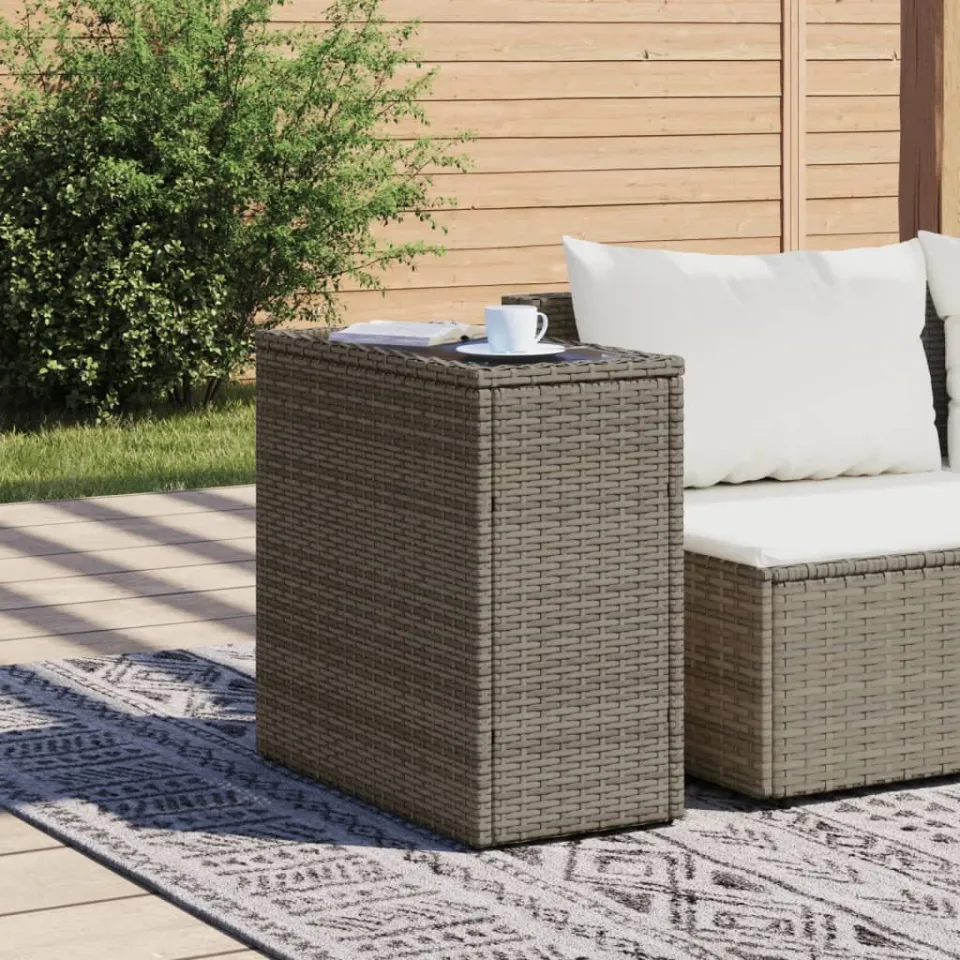 vidaXL Tuinbijzettafel met glazen blad 58x27,5x55 cm poly rattan grijs, foto 3