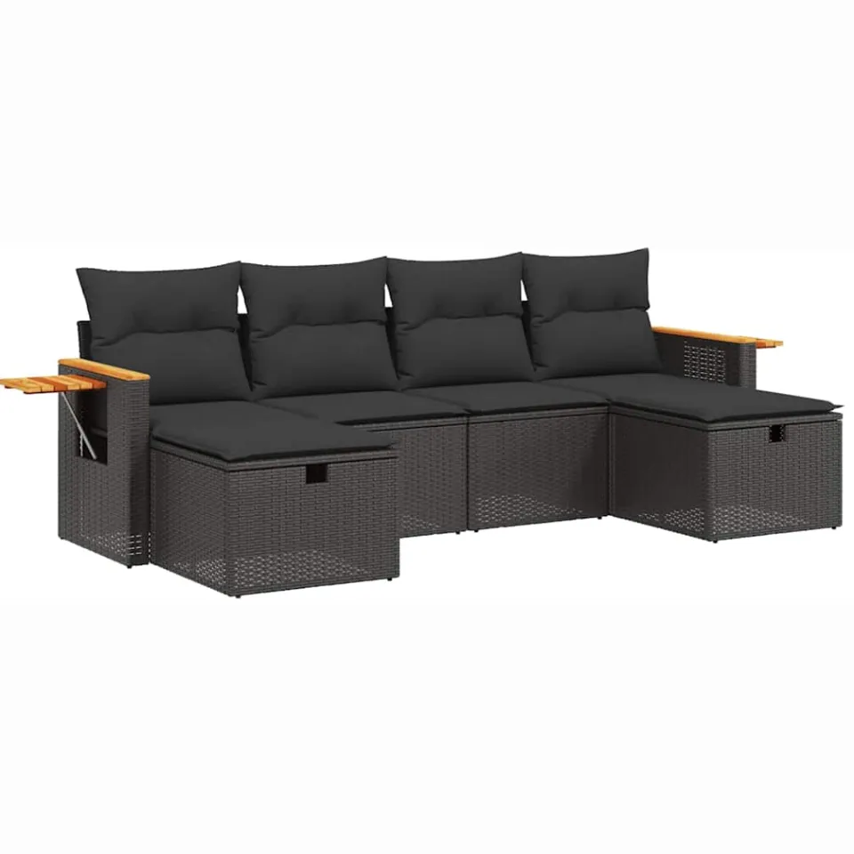 vidaXL 6-delige Loungeset met kussens poly rattan zwart, foto 3