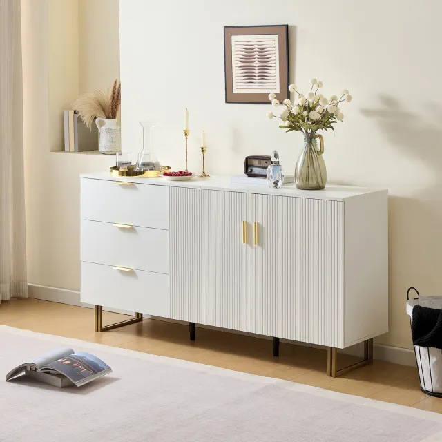 HAUSS SPOLE Dressoir - Modern Opbergmeubel Met 2 Deuren En 3 Lades - Voor Woonkamer En Eetkamer - MDF - 160x40x81,5 Cm - Wit