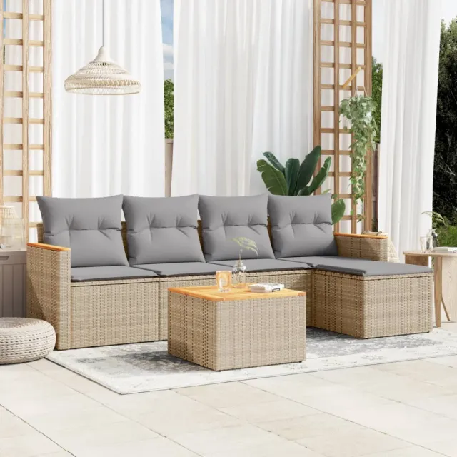vidaXL 6-delige Loungeset met kussens poly rattan gemengd beige, foto 2