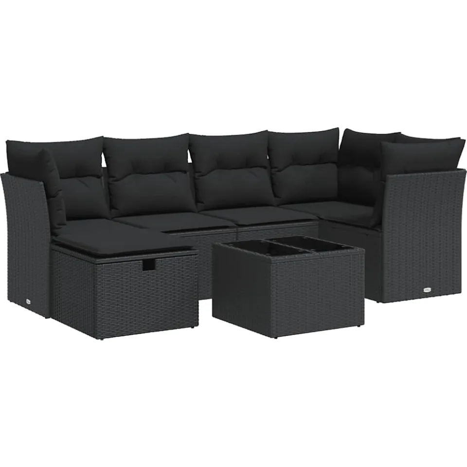 vidaXL 7-delige Loungeset met kussens poly rattan zwart, foto 3