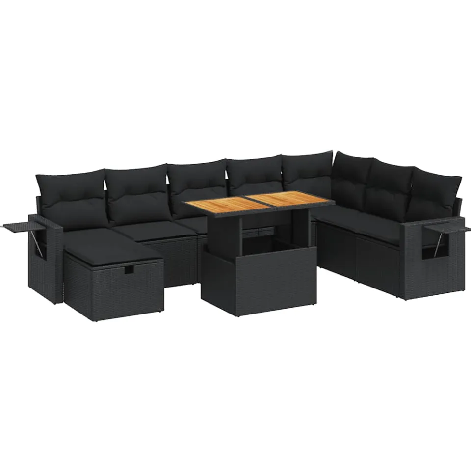 vidaXL 9-delige Loungeset met kussens poly rattan acacia zwart, foto 3