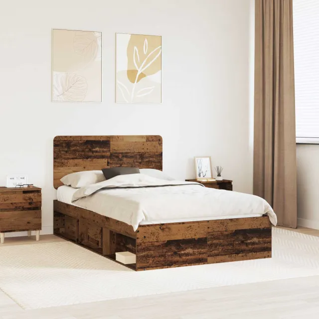 vidaXL Bedframe met hoofdeinde Oudhout 135 x 190 cm Massief grenenhout Bruin
