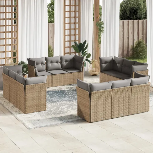 vidaXL 12-delige Loungeset met kussens poly rattan beige, foto 2