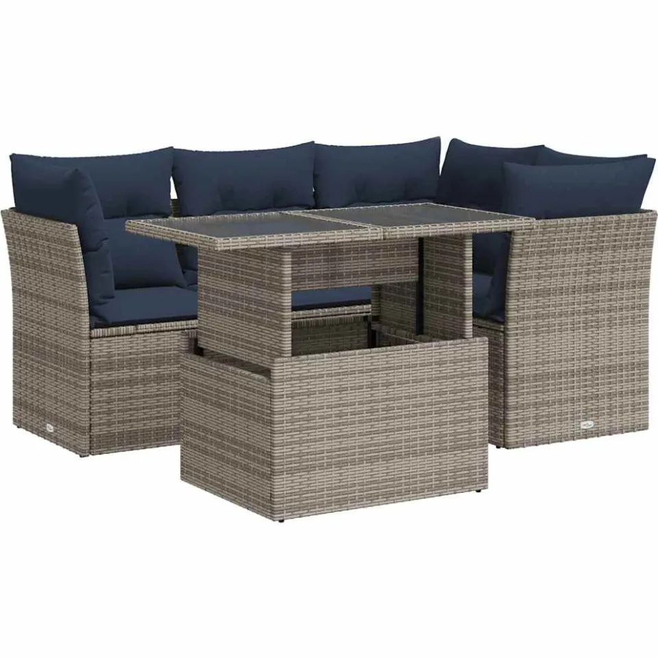 vidaXL 5-delige Loungeset met kussens poly rattan acacia grijs, foto 3