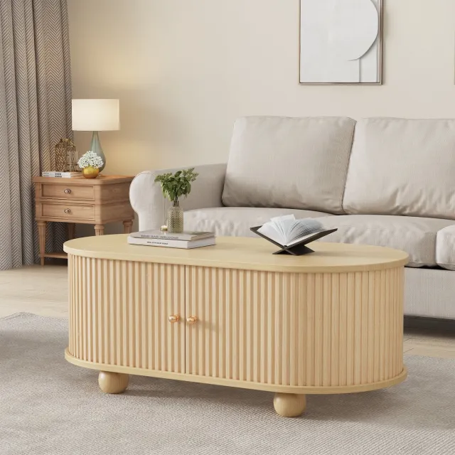 Merax Ovale salontafel met opbergruimte en schuifdeuren - ruimtebesparend multifunctioneel meubel in houtkleur