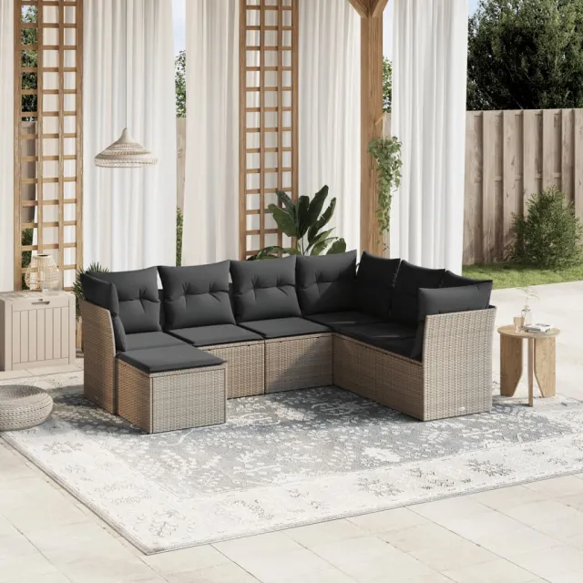 vidaXL 7-delige Loungeset met kussens poly rattan lichtgrijs grijs, foto 2