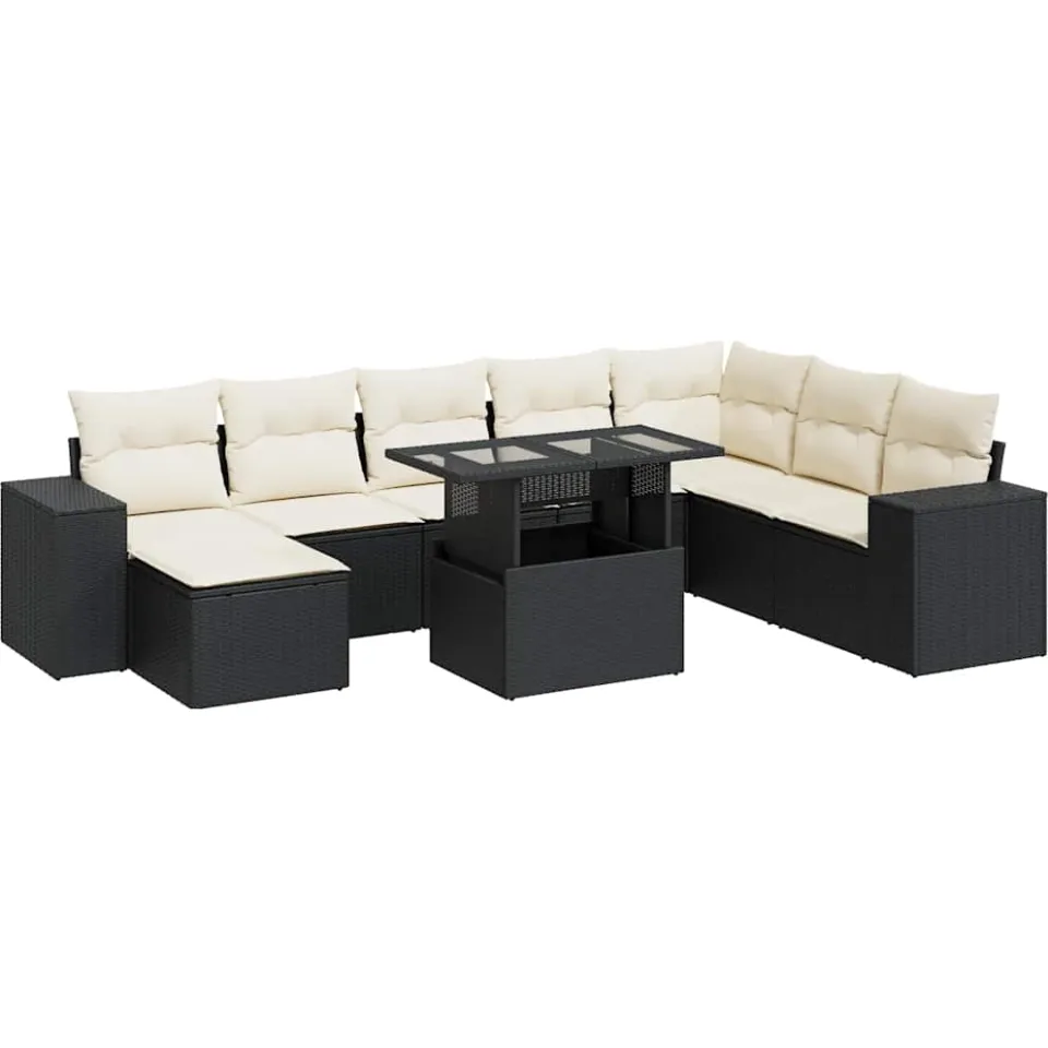 vidaXL 9-delige Loungeset met kussens poly rattan zwart, foto 3