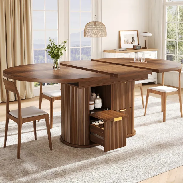 HAUSS SPOLE Eettafel - Ovaal en Uitschuifbaar met Twee Lades - voor Vier tot Zes Personen - MDF en Metaal - Donkerbruin - 118/158x118x76,8 Cm