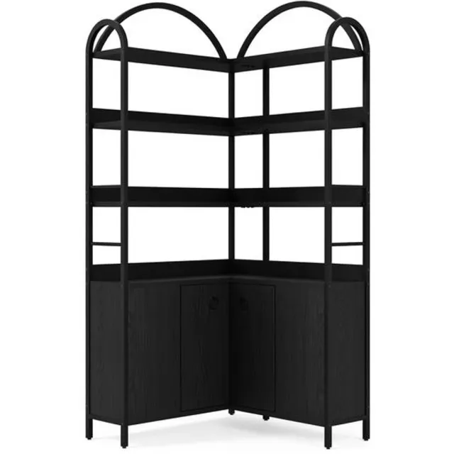 J.T.R L-vormige hoekboekenkast met kast en zes etages, gebogen ontwerp, metalen frame -ZWART.