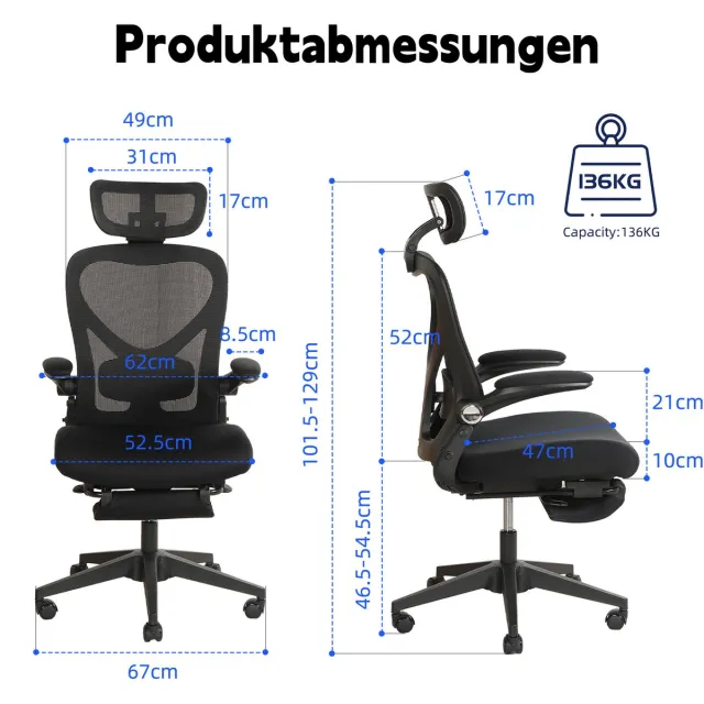 MODENUIT Bureaustoel 65 x 61 x 40,5 cm - Inklapbaar Met Hoofdsteun - Voor Werk En Studie - Schuim - Zwart