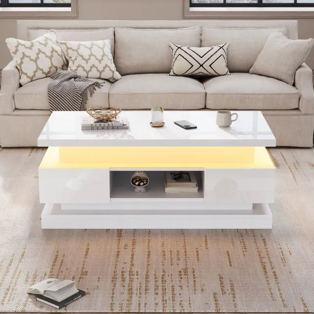 DESMIU Salontafel - In Hoogte Verstelbaar Met Led, Usb En 2 Lades - Voor Woonkamer Met Verborgen Opbergruimte - Spaanplaat - 100x50x40 Cm - Wit