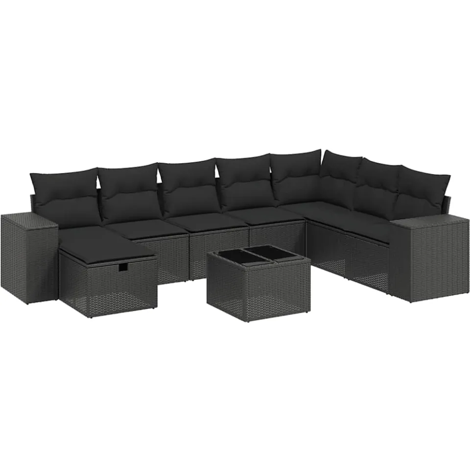 vidaXL 9-delige Loungeset met kussens poly rattan zwart