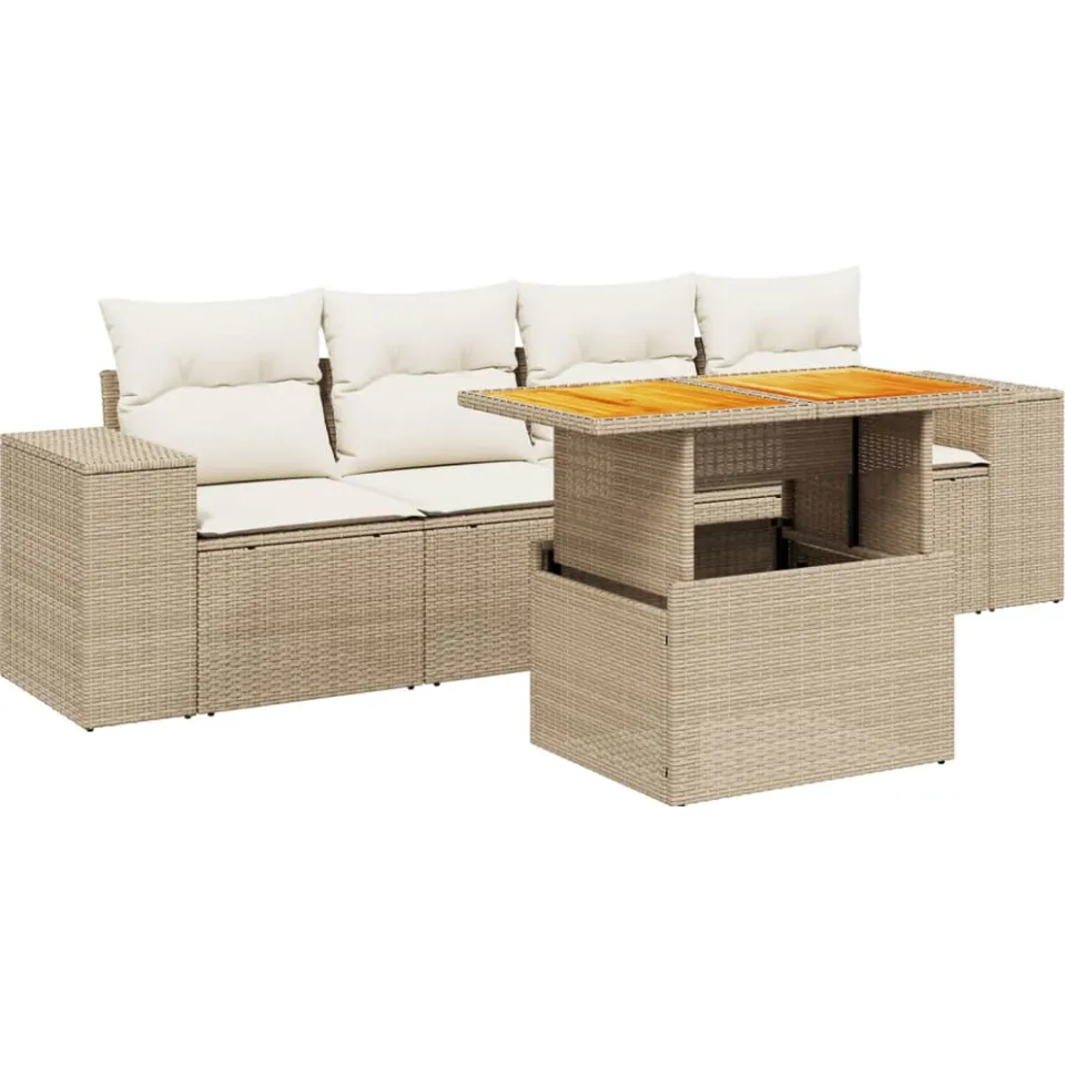 vidaXL 5-delige Loungeset met kussens poly rattan beige, foto 3