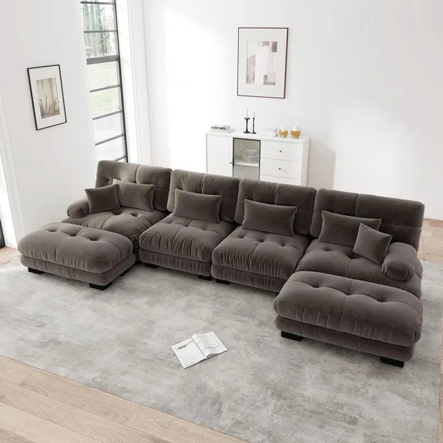 KOMHTOM Modulaire hoekbank, U-vormige bankstel voor de woonkamer, Comfortabele Cloud-bank voor 4 personen met verplaatsbare chaise longue, DIY-combinatie, Chenille, Bruin